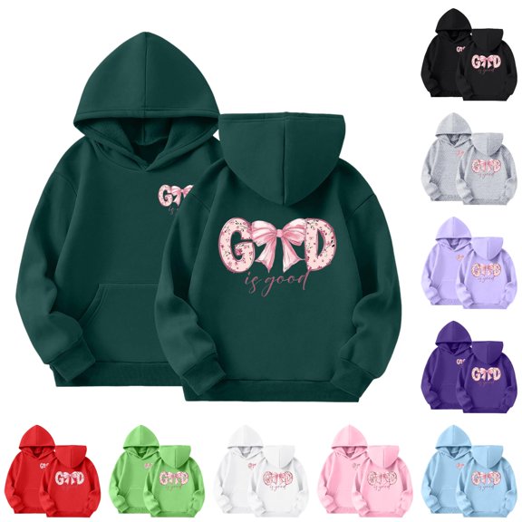 HCYSFG Girls Faith Hoodies God Is Good Bow Graphic Hooded Long Sleeve Sweatshirts Kangaroo Pocket Ribbed Relaxed Fit Pullover Tops