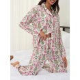thumbnail image 5 of Conjunto de pijama navideño para mujer, de satén de seda, con estampado de cascanueces, camisa de manga larga con botones y pantalones de pierna ancha, 2 piezas, ropa de dormir bonita de Papá Noel, 5 of 5