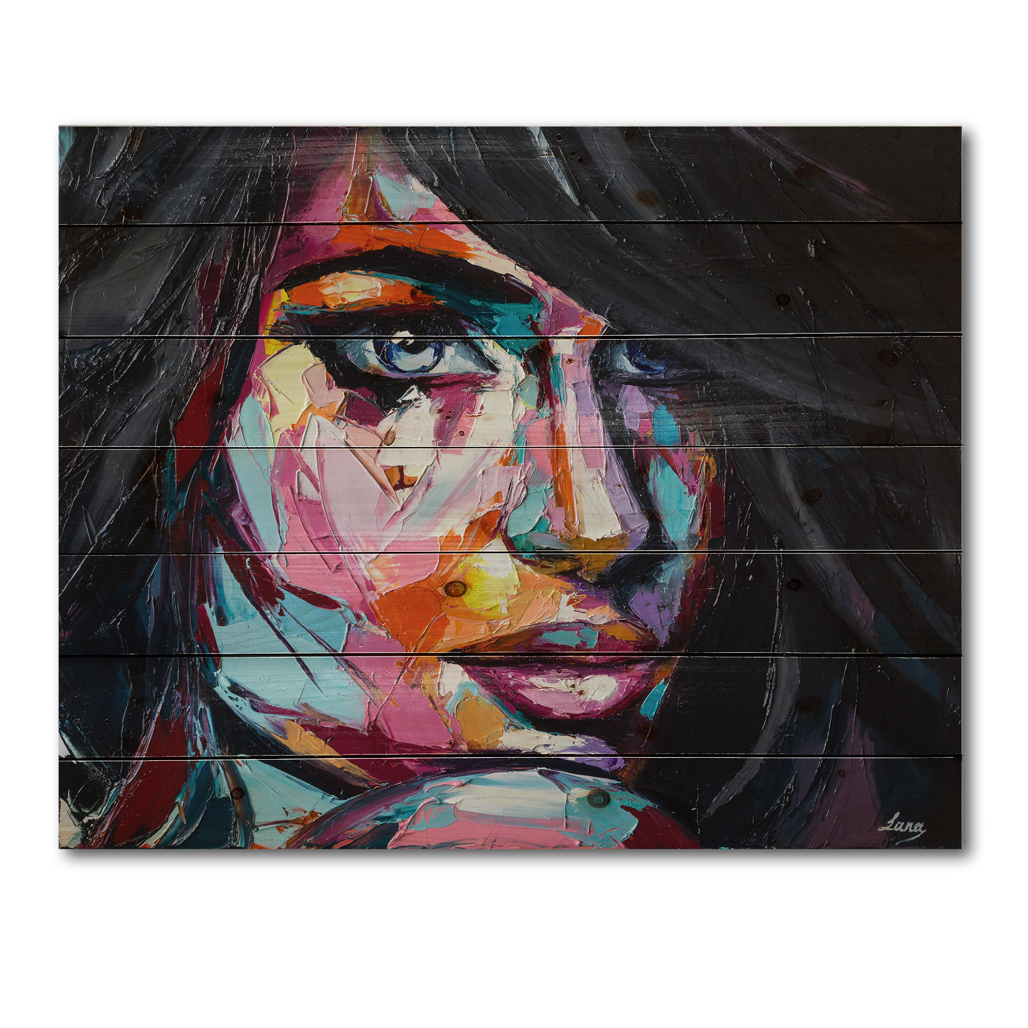 Designart 'Abstract Colorful Fantasy Portrait Of A Young Woman II' Modern Print on Natural Pine Wood