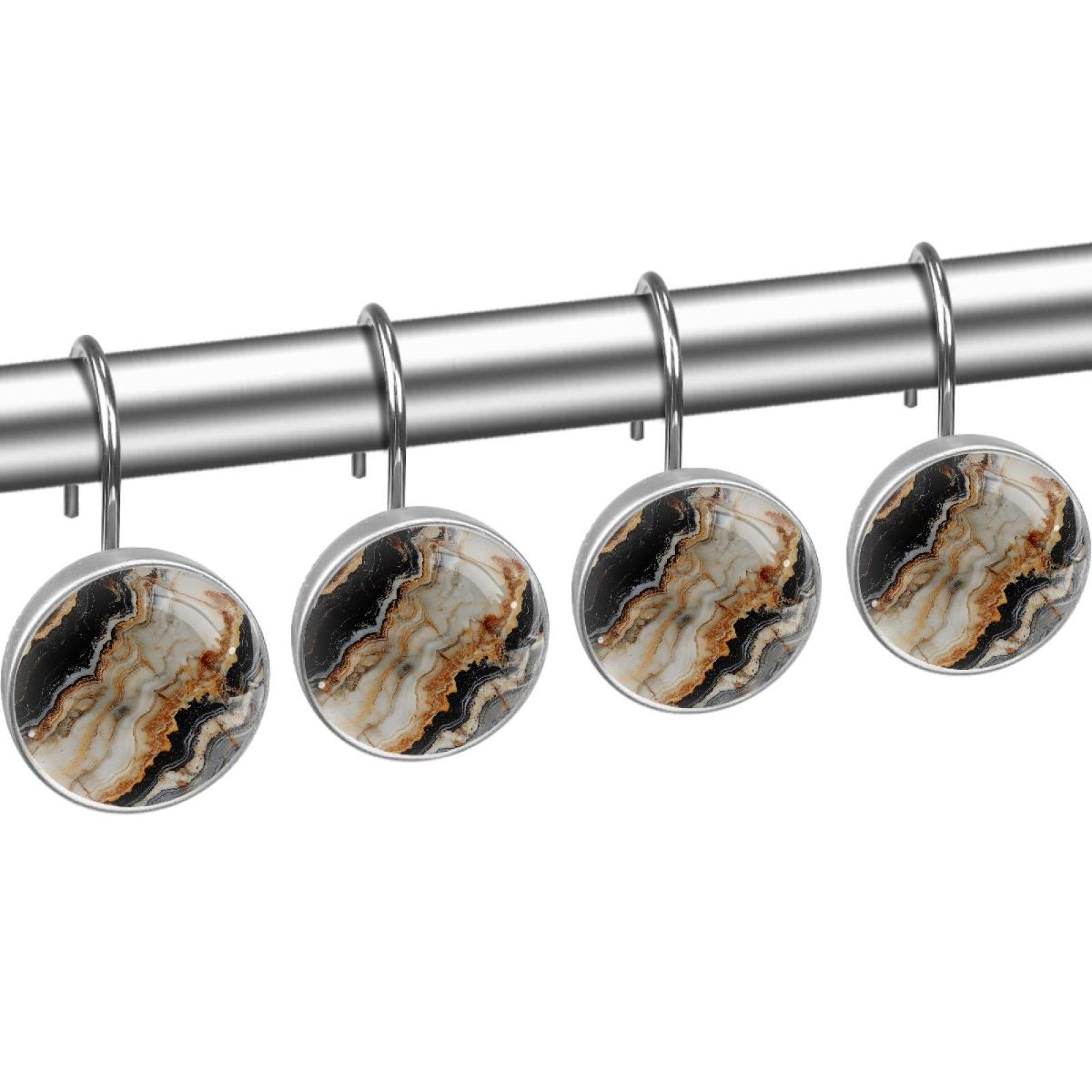 Flow Black Marble Wave Shower Curtain Hooks Round Crystal Glass, Set of 12 Shower Curtain Rings - Shower Hooks for Curtain Shower Rings