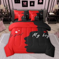 Homewish My Boy Girl Bedding Comforter Set 7pcs, Romantic Love Heart Queen Bedding Sets, Black Red Anniversary Festival Reversible Queen Sheet Sets, Breathable Home Decor
