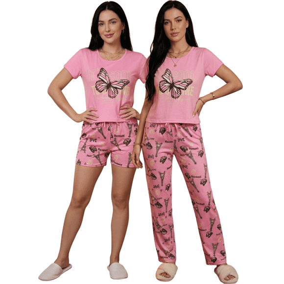 Pijama De 3 Piezas Mujer Pantalon Short Y Playera A Juego