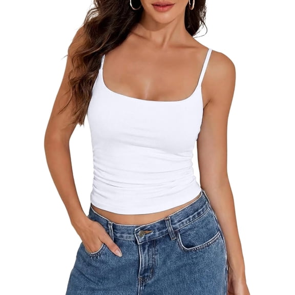Wrongduck Women Cotton Camisole Crop Tank Top Square Neck Built In Shelf Bra Adjustable Strap Fitted Basic Camisole Y2K Top