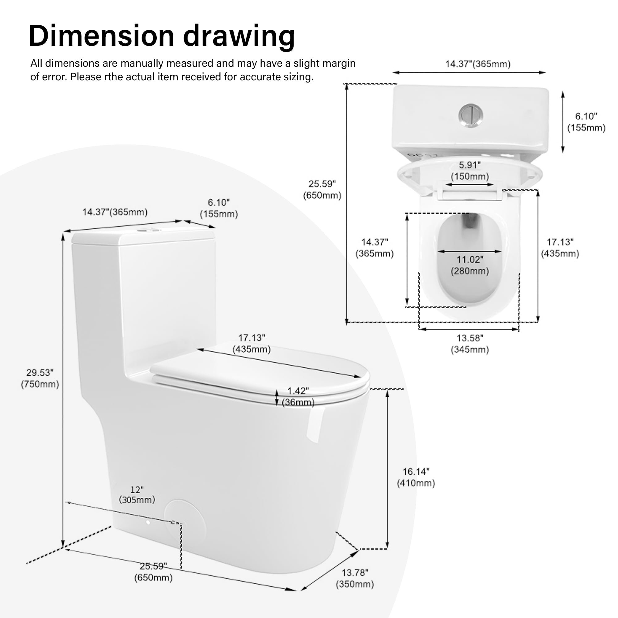 TrumanPick Elongated One Piece Toilet with17" ADA Comfort Chair Height Seat Compact Toilet 1.6 GPF Dual Flush Toilet, White
