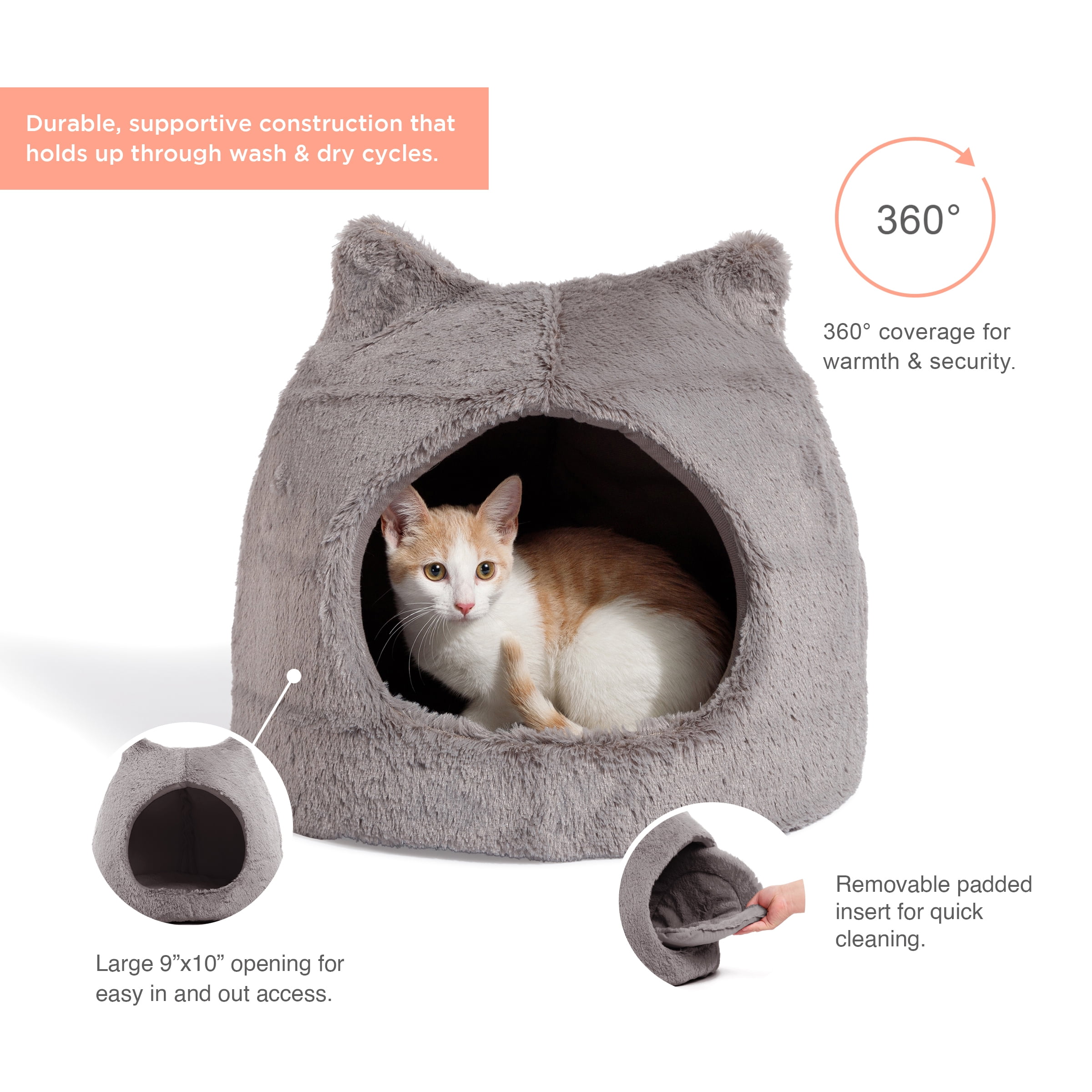 Best Friends by Sheri Meow Hut Fur Dome Pet Bed – Covered Cat Cave for Cats & Small Dogs up to 15 lbs, Faux Fur Hideaway with Water-Resistant Bottom, Machine Washable, Gray