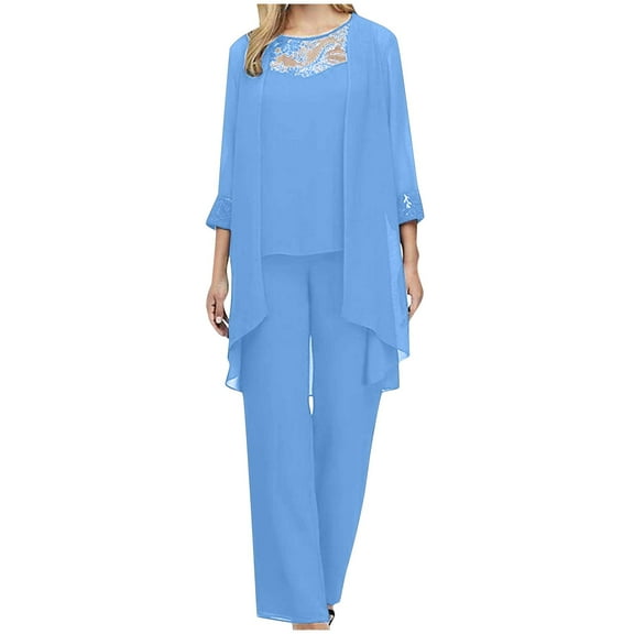 BLTIBY Women's 3 Piece Outfits Lace Chiffon Lounge Sets Long Sleeved Round Neck Flowy Cardigan and Loose Pants Three Piece Set Blue L