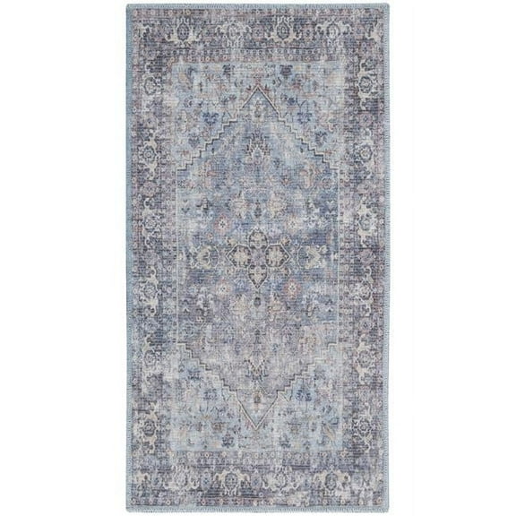 2 x 4 ft. Light Gray & Blue Oriental Power Loom Distressed Washable Rectangle Area Rug