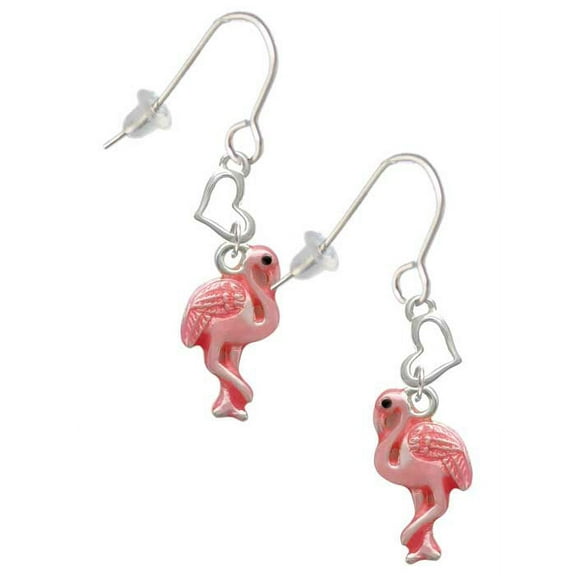 Silvertone Hot Pink Flamingo Heart French Earrings