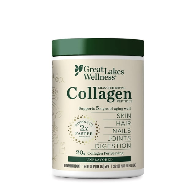 Péptidos de colágeno en polvo Great Lakes Wellness para piel, cabello, uñas, articulaciones y digestión - Sin sabor - Hidrolizado de rápida disolución, sin OMG, cetogénico, kosher - 593 g
