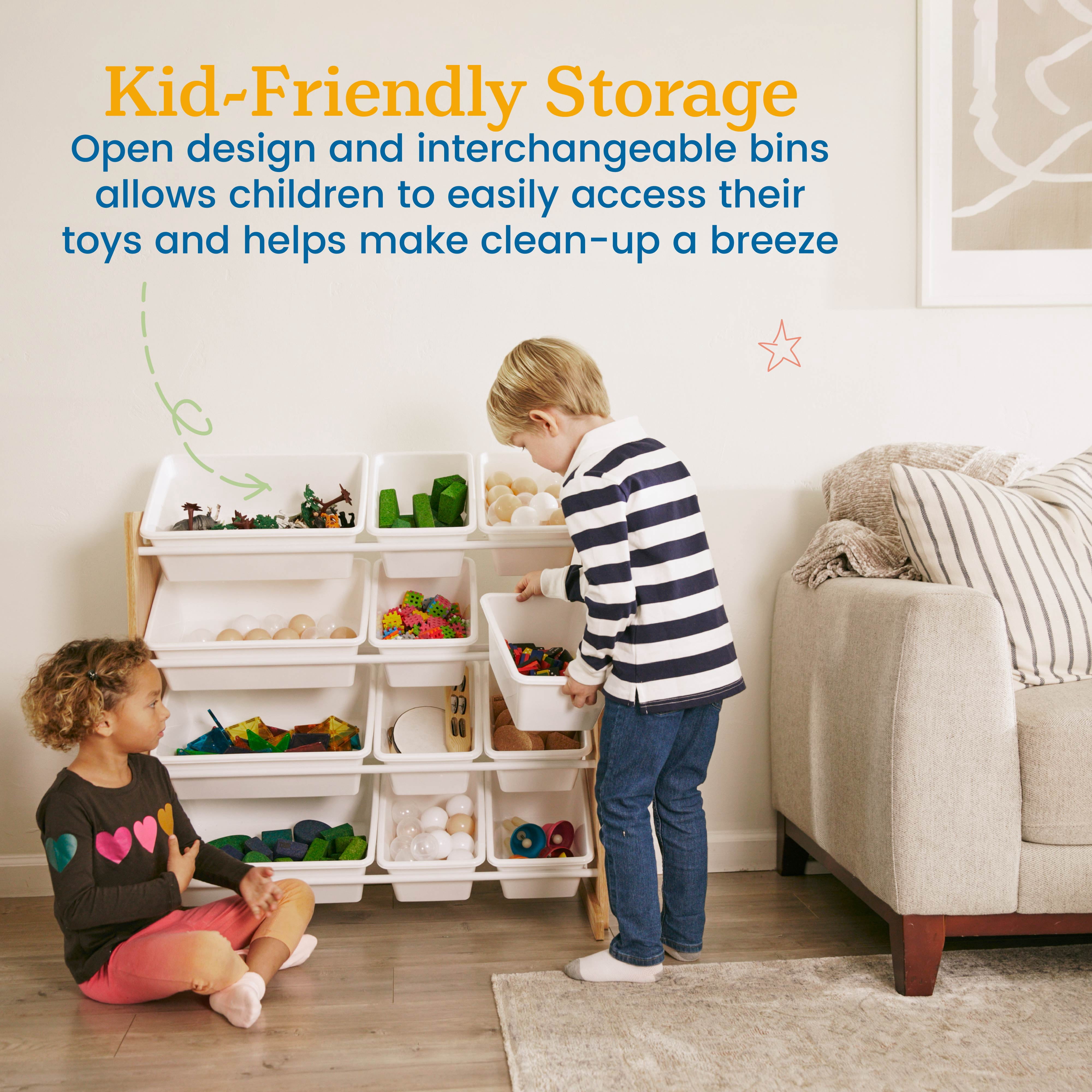 ECR4Kids 4-Tier Organizer with 12 Removable Plastic Bins, 4x3, Toy Storage, Dark Natural/White