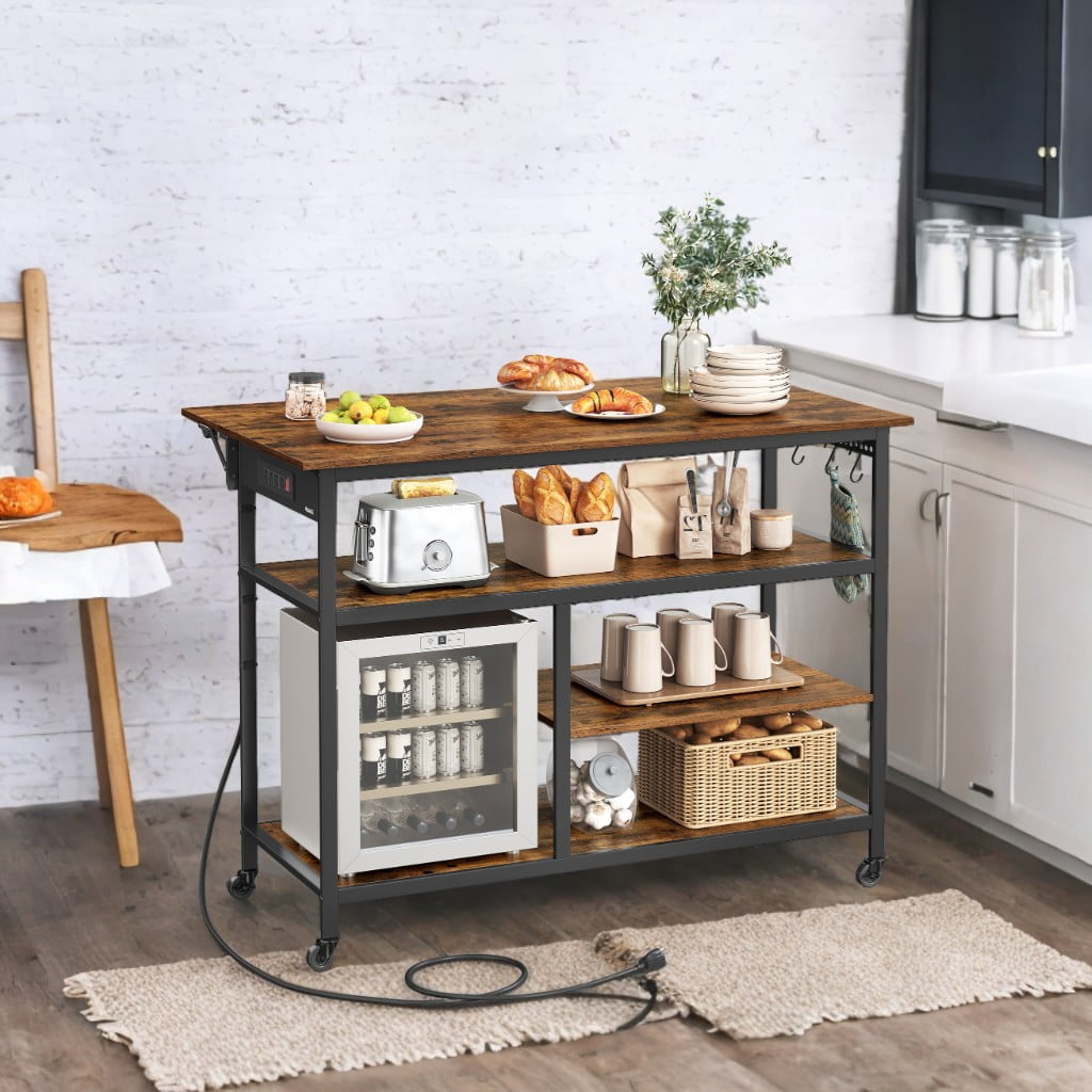 LEDREM Kitchen Island Cart with Drop Leaf & Power Strip - 47.2" Extendable Worktop, Adjustable Shelf, Locking Wheels, Rustic Brown and Black