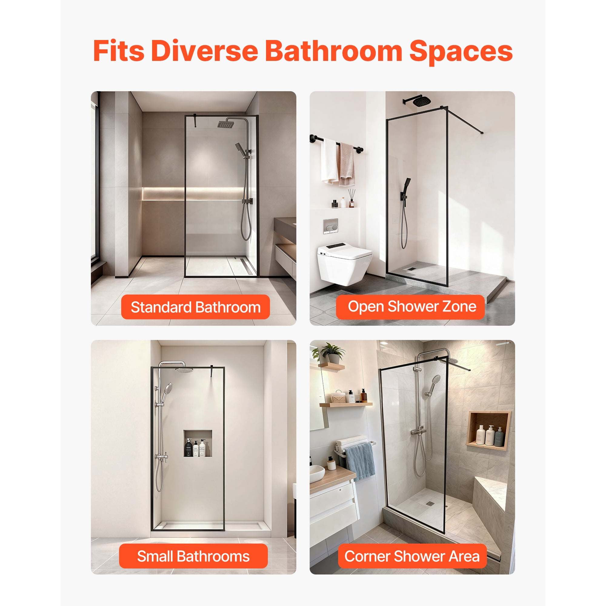 KFFKFF Fixed Glass Shower Panel, 34 x 73.6 in Full-Framed Shower Screen, 5/16 in Thick Clear Tempered Glass with Bottom Seal Strip and Hardware, Easy to Maintain, for Bathroom, Matte Black