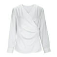 thumbnail image 5 of Lenpel Satin Blouses for Women Long Sleeve Warp V Neck Side Button Ruched Trendy Dressy Tops Business Casual Work Shirts(White,X-Large), 5 of 7