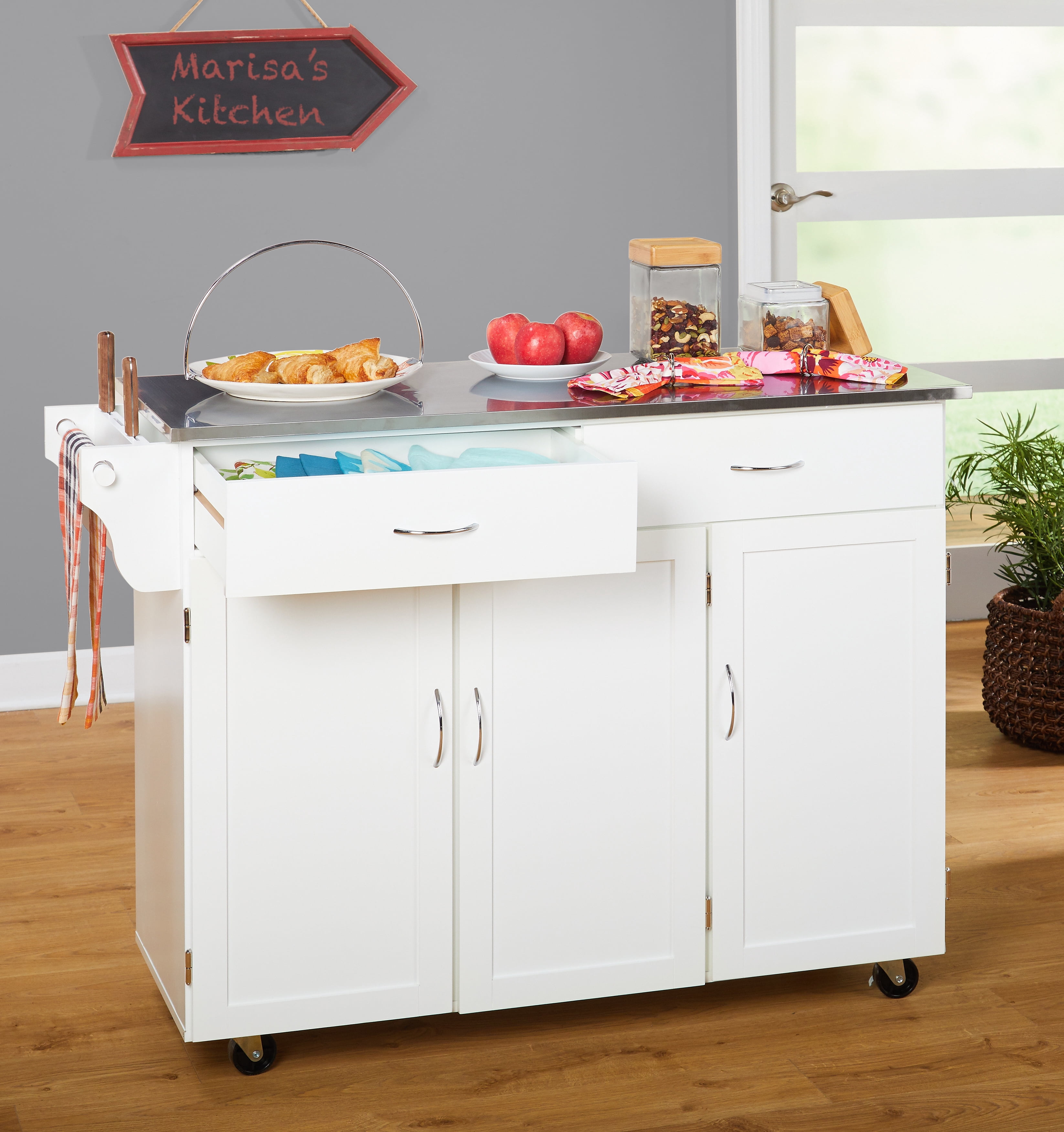 TMS Extra Large Rolling Kitchen Cart with Stainless Steel Top, Cabinets, Drawers, Adjustable Shelf, and Knife Block, White