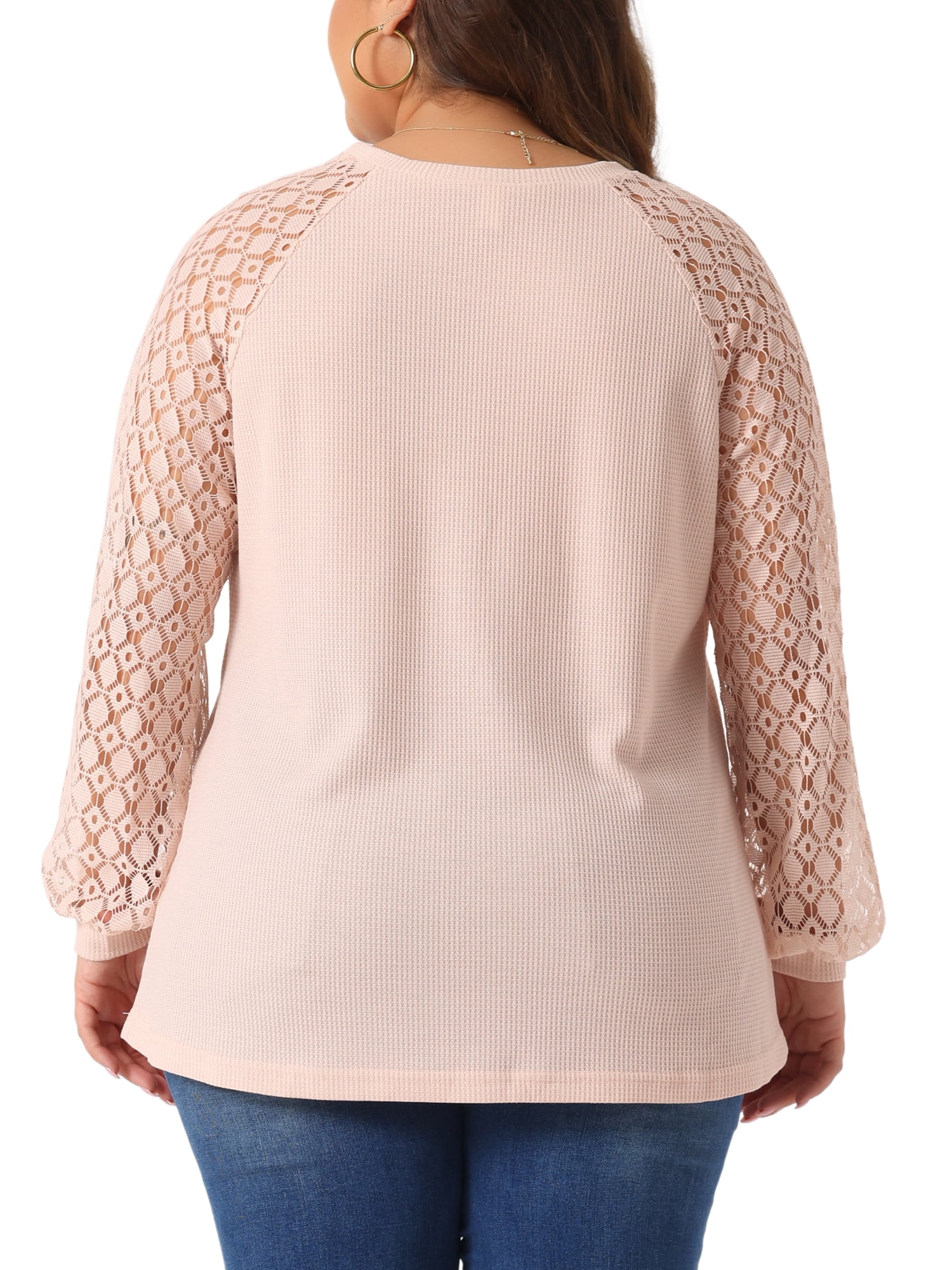 DARING DIVA Women's Plus Lace Crew Neck Long Sleeve Casual Blouse 2X Light Pink