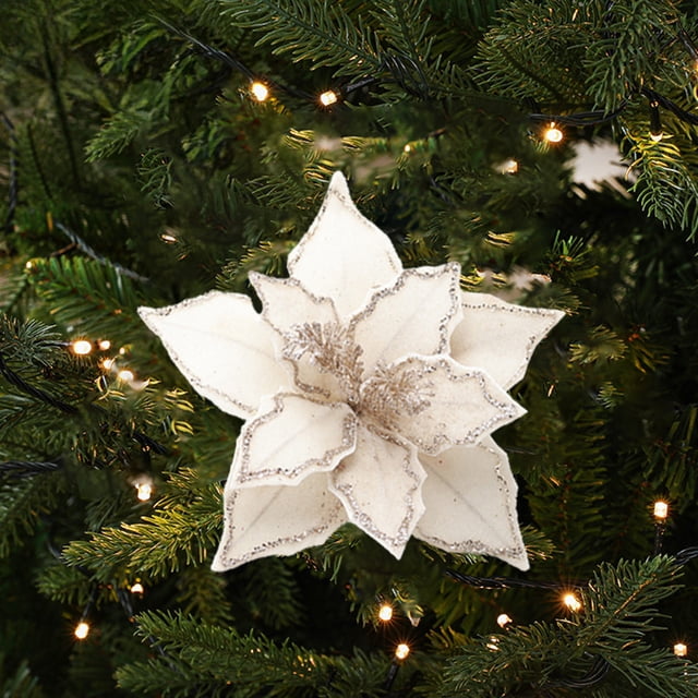 Fiudx Magnolia Artificial Grande, Franela con Bordes Brillantes, Pétalos Brillantes para Corona Navideña, Decoración Navideña Versátil para Árbol, Chimenea y Mesa, 25 X 15 Cm.