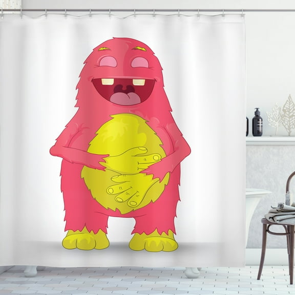 Smile Shower Curtain, Interpretation of a Monstrous Character Laughing, Fabric Bathroom Set with Hooks, 69W X 70L Inches, Yellow Green Dark Coral Pale Taupe and Ruby, by Ambesonne