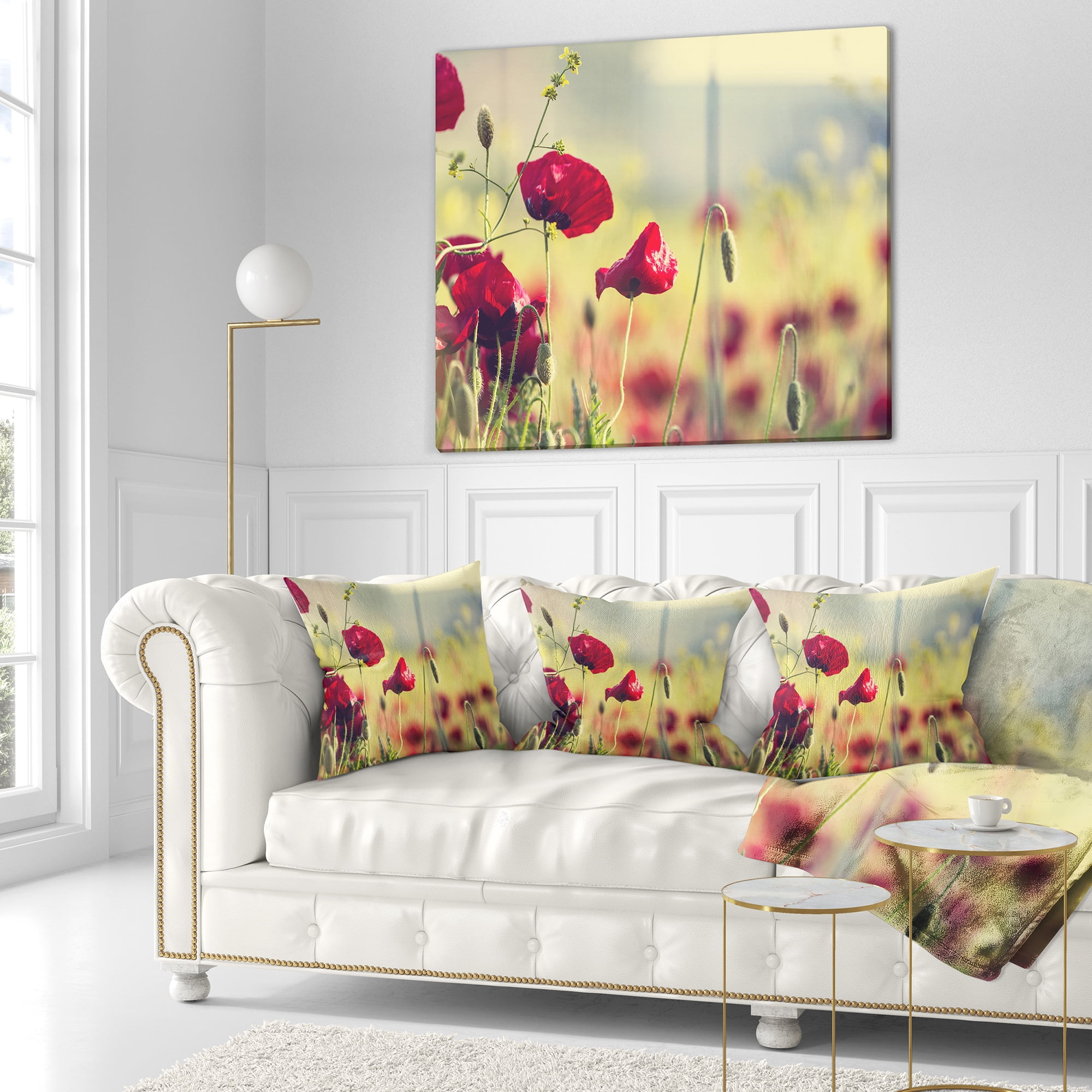 Designart Poppy Flowers on Green Background - Floral Throw Pillow - 16x16