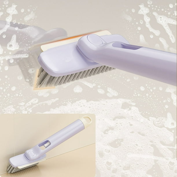 Cepillo multifuncional para limpieza de huecos con cabezal giratorio y cerdas en forma de V, ideal para limpiar baños y cocinas.