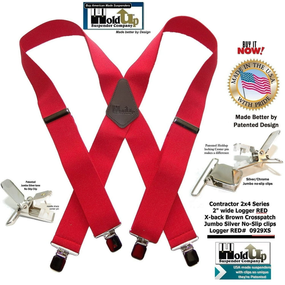 Holdup Suspender Heavy Duty Logger RED 2" Wide Holdup Xback Suspenders with Patented Jumbo