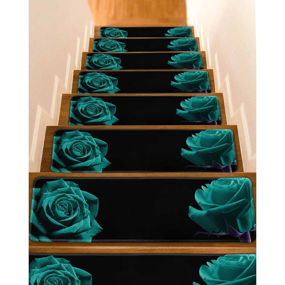 Teal Blue Rose Stair Treads for Wooden Steps Indoor Runner Rug Carpet,Vintage Abstract Garden Flower Floral Black 10 Pieces Peel and Stick Staircase Step Treads Covers Washable Throw Door Mats,30"x8"