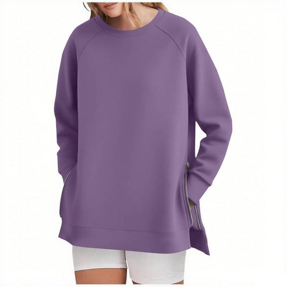 Enjoytime Sweatshirt for Women Solid Color Long Sleeve Crewneck Sweatshirts with Side Zipper Fall Winter Loose Casual Pullover Tops