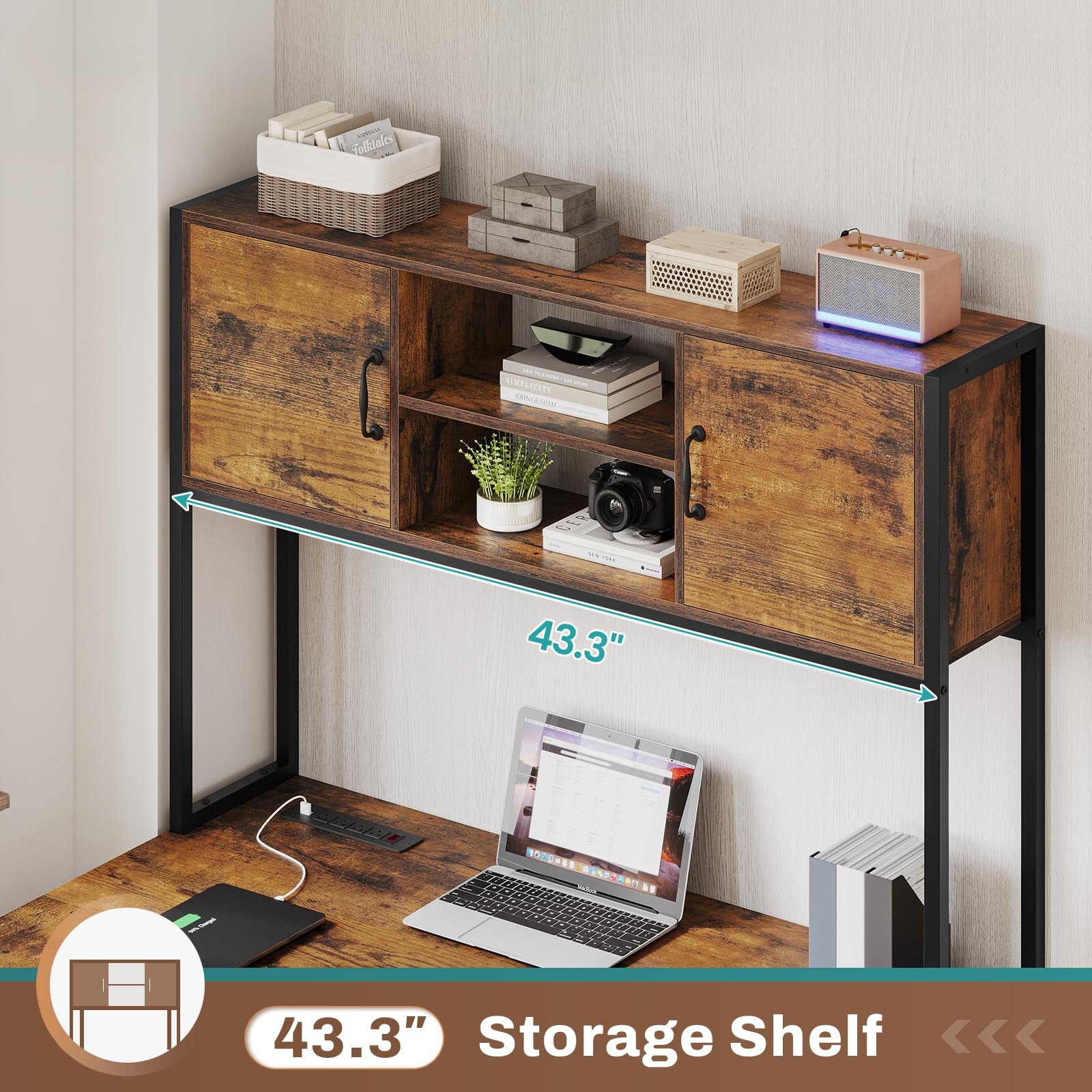 L Shaped Computer Desk 2 Drawers, Reversible Home Office Desk with Led Lights, Hutch and Storage Shelf
