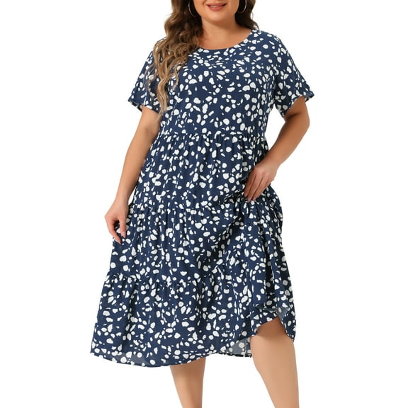 DARING DIVA Plus Size Tiered Polka Dots Midi Short Sleeve Babydoll Dress 1X Dark Blue