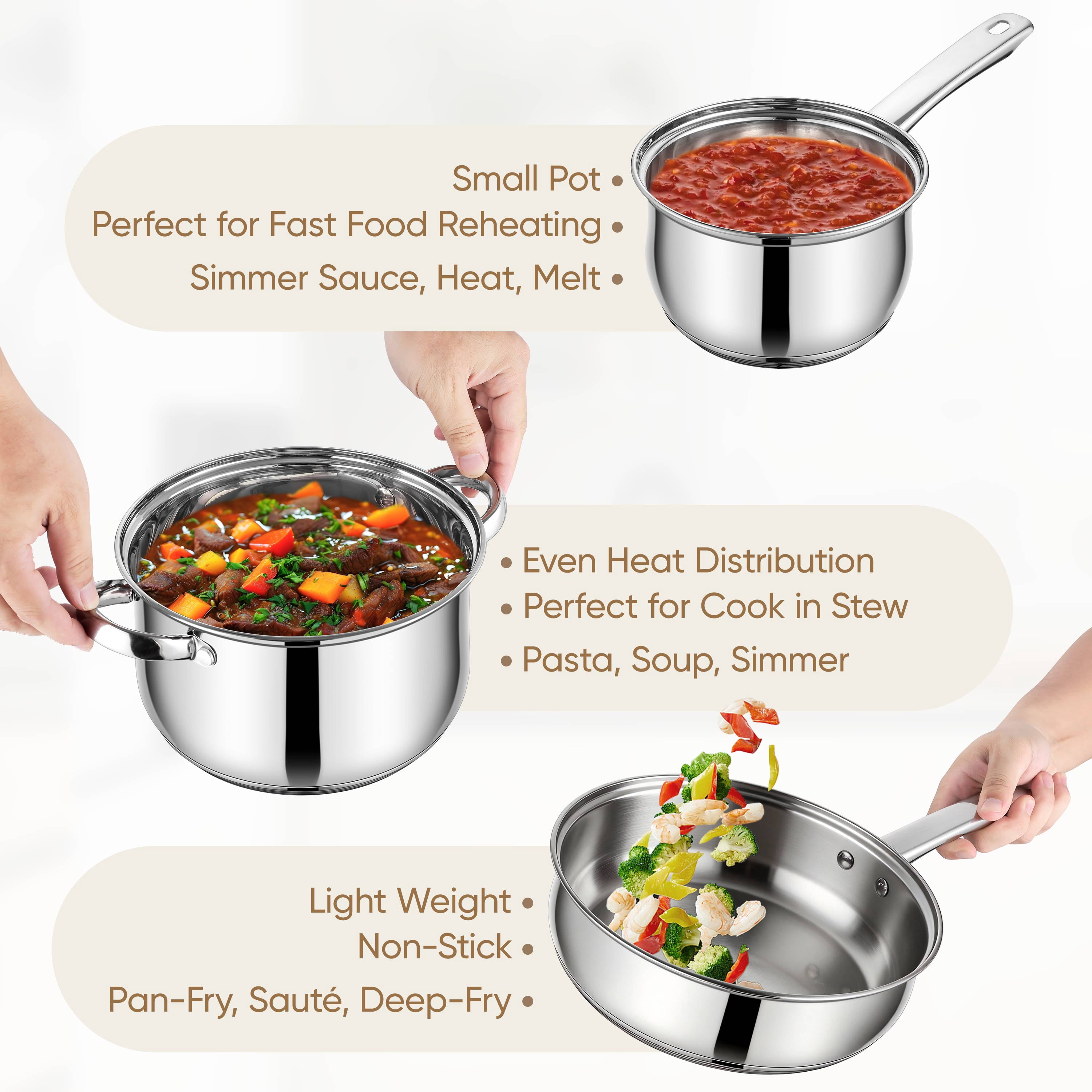 Coliware 6-Piece Pots and Pans Set, Stainless Steel Cookware Sets with Stock Pots Saucepans Frying Pans, Non-Stick Commercial Cooking Set Compatible with All Stovetops, Dishwasher Safe