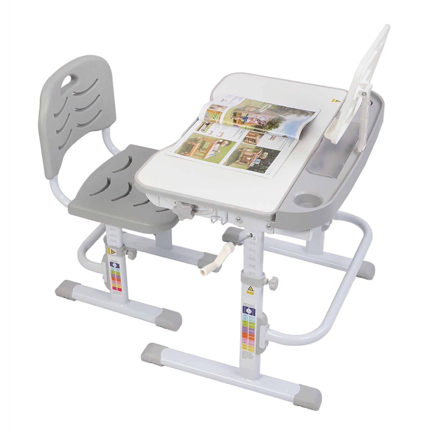 Lowestbest Kids Desk and Chair Set with Hand-Operated Lifting Table Top, Height Adjustable Children's Study Table With Reading Frame, Gray Lowestbest Kids Desk and Chair Set with Hand-Operated Lifting Table Top, Height Adjustable Children's Study Table With Reading Frame, Gray