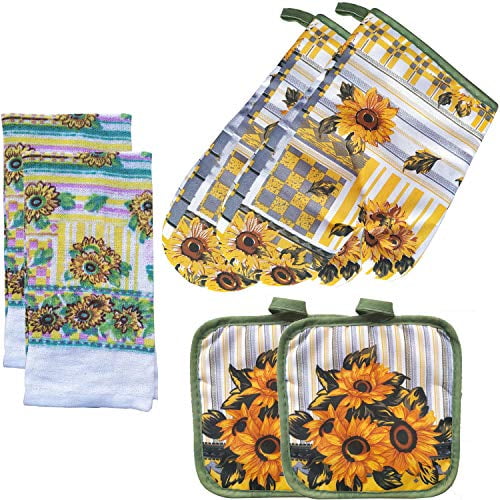 FSTIKO Sunflower Kitchen Linen Set Includes 2 Oven Mitt, 2 Pot Holders