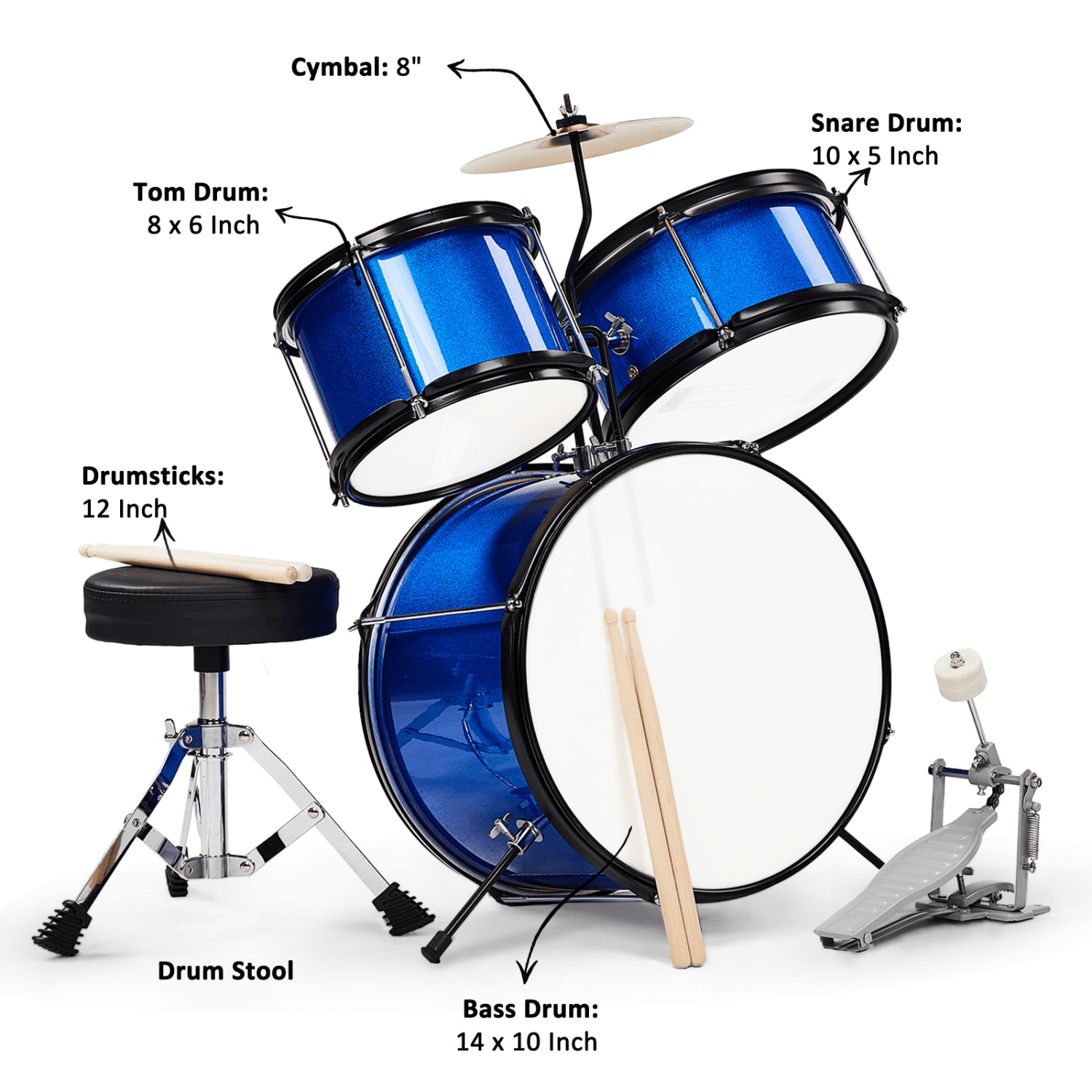 Hassch 3-Piece Drum Set, Beginners Drums Kit with Stool, Pedal & Drumsticks, Junior Drum Set Musical Instrument with Cymbal, Tom and Snare Drum, Dark Blue