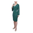 thumbnail image 3 of NY COLLECTION Womens Green Pleated Rhinestone Embellishment Bell Sleeve Surplice Neckline Knee Length Party Faux Wrap Dress Petites PS, 3 of 3