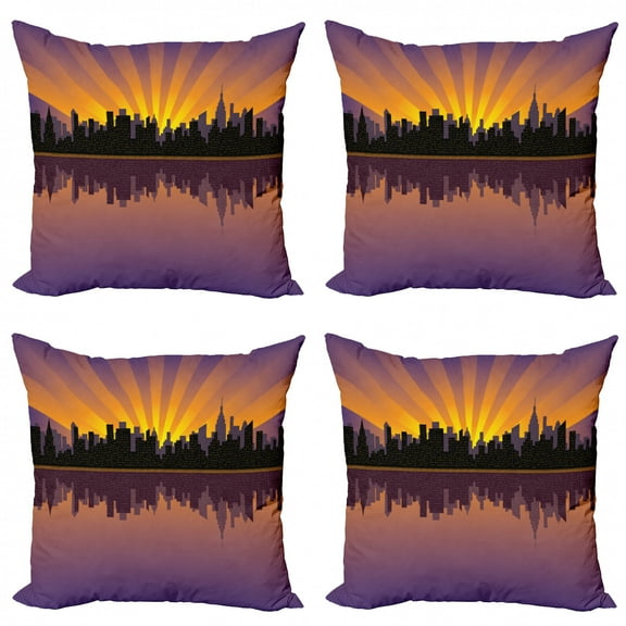 City Throw Pillow Cushion Case Pack of 4, Silhouette of Manhattan from the East River Cityscape, Modern Accent Double-Sided Print, 4 Sizes, Marigold Eggplant, by Ambesonne