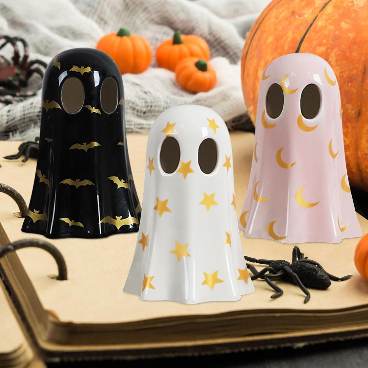 Set of 3 Ceramic Ghost Figurines with Witch Hats for Halloween Table Decor