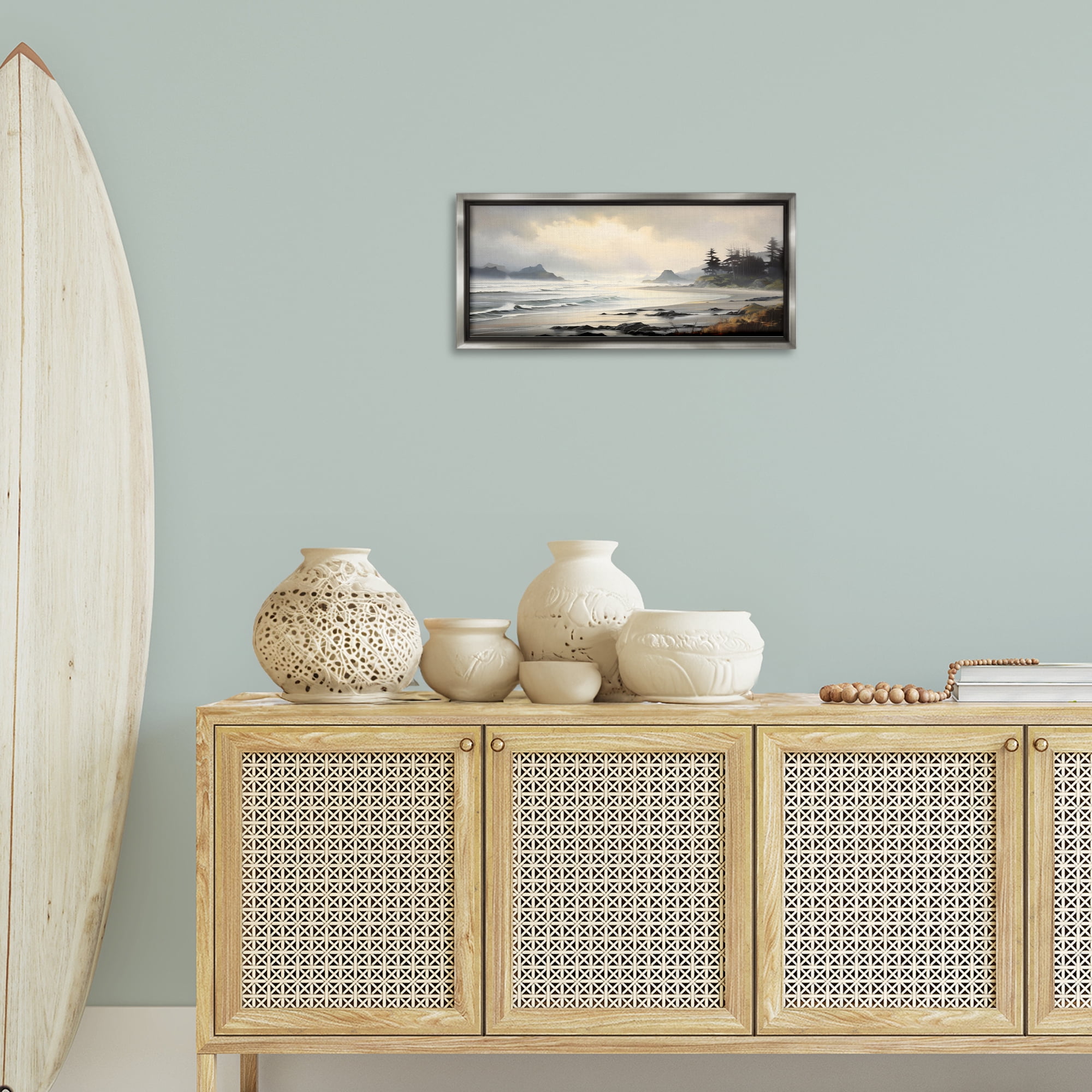 Stupell Industries Coastal Shore Inlet Coastal Painting Gray Floater Framed Art Print Wall Art, 25 x 11