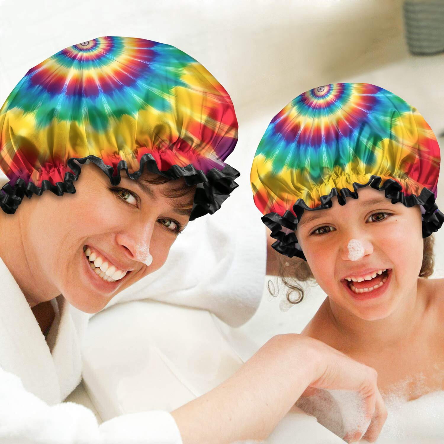Shower Caps,Colorful Rainbow Tie Dye Spiral Pattern Waterproof Shower Cap for Women 4 Pieces,Double Reusable Hair Cover for Shower PEVA Elastic Stretch Hem
