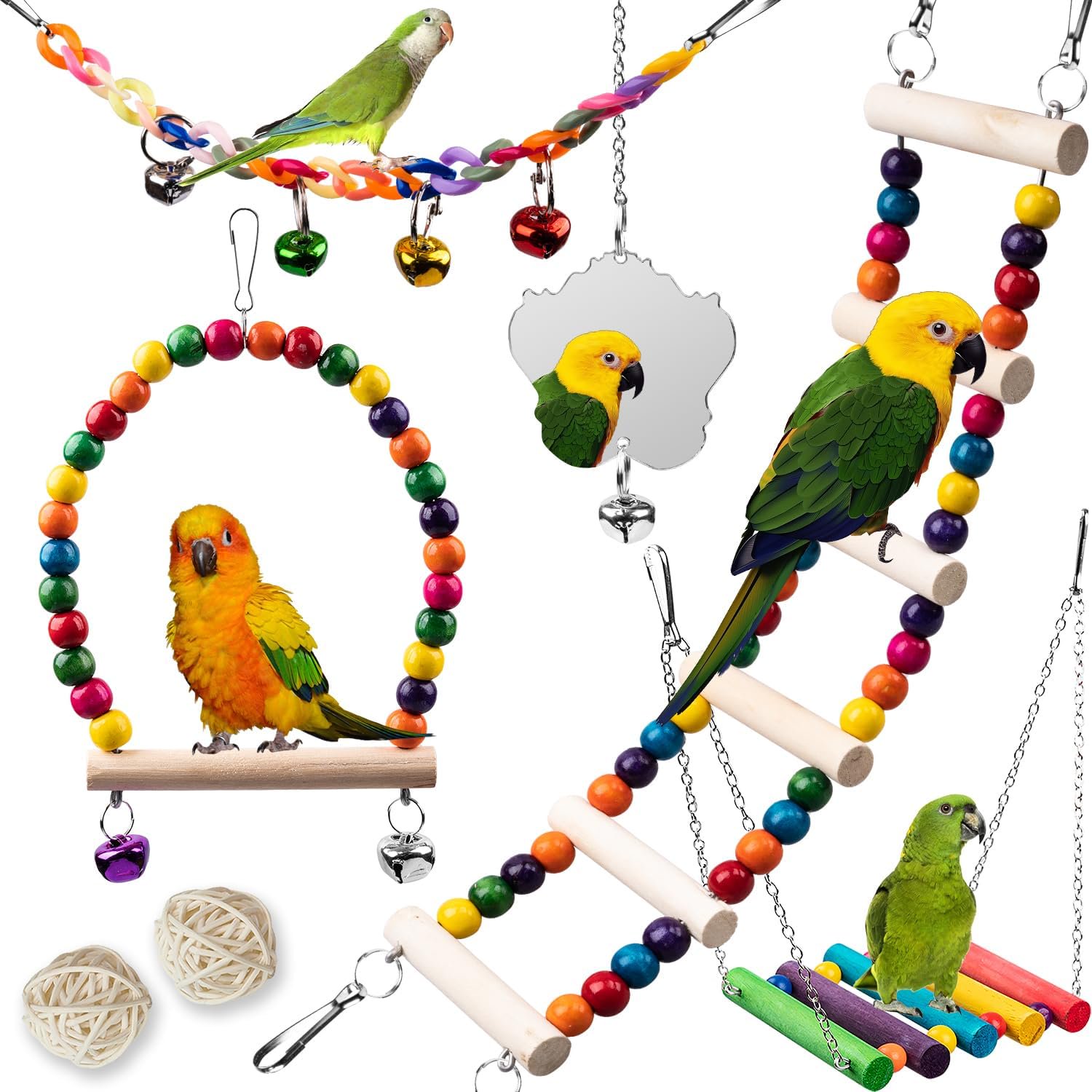 Bird Toys for Parakeets 7Pcs, Wood Parrots Budgie Cage Accessories