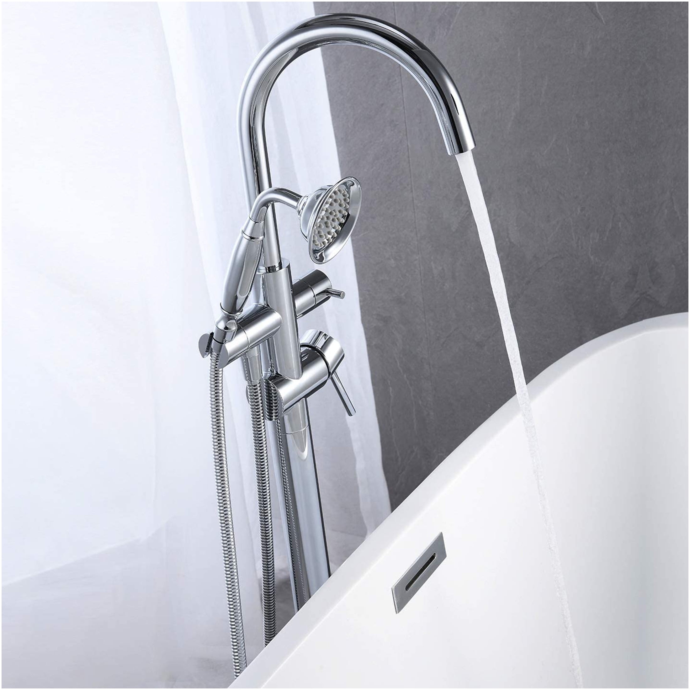 JERFIT Floor Mount Freestanding Bathtub Faucet with Handheld Shower, High Arc Chrome Brass Spout for Modern Bathroom