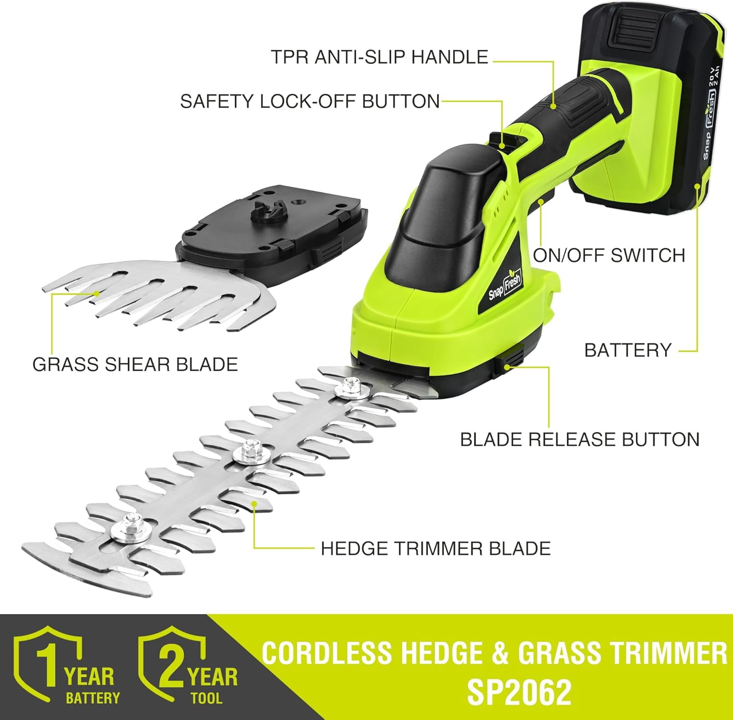 20V Cordless Hedge Trimmer with Grass Shears, Lightweight Electric Shrub Tool for Garden