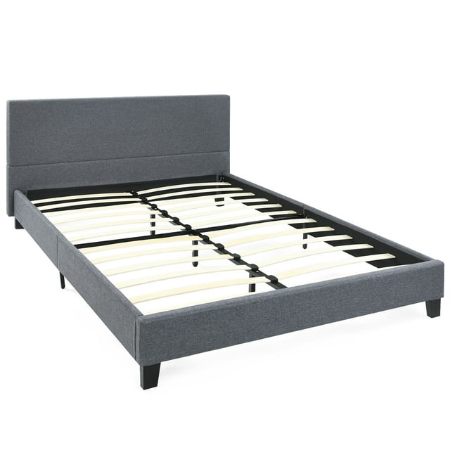 Costway Queen Upholstered Platform Bed Frame with Linen Headboard Easy Assembly Grey