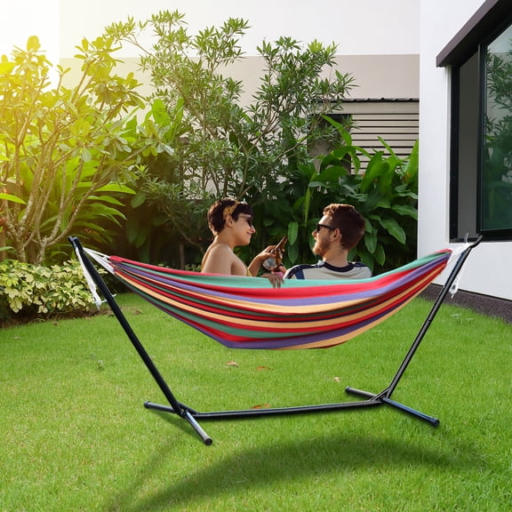 Fogcroll Hammock Stand Basics Double Hammock with Space Saving Metal Stand, Indoor Hammock Stand with Carrying Bag, Strong Load-Bearing, 440 Lbs Striped Print