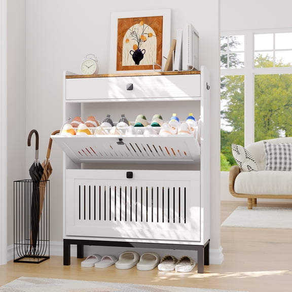 Accreate Shoe Cabinet with 2 Flip Drawers and 1 Large Drawer, Wooden Shoe Organizer Cabinet with Adjustable Shelf, Shoe Storage for Entryway, Hidden Shoe Cabinet for Hallway, Living Room