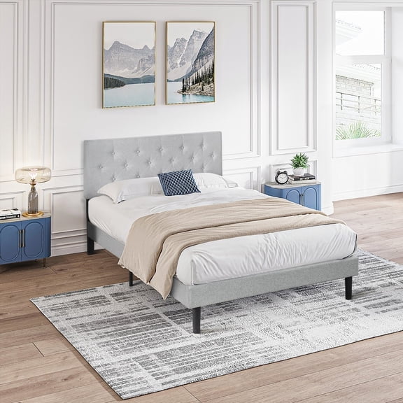 Modern Grey Queen Size Upholstered Bed Frame, No Box Spring, Wood Slat Support & 8 Inch Mattress Compatible