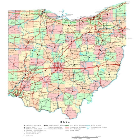 Laminated Map - Printable political Map of Ohio Poster 24 x 36 ...