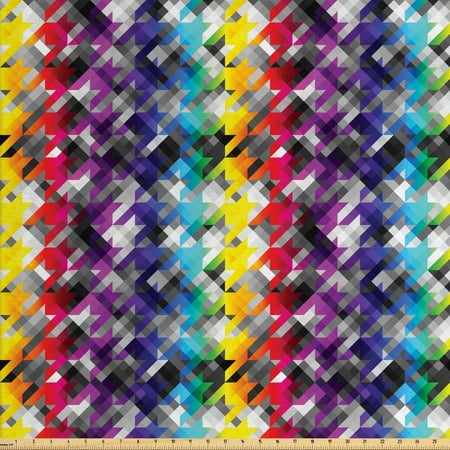 Colorful Fabric by The Yard, Diagonal Geometrical Houndstooth Pattern in Rainbow Colors on Grey Background, Decorative Fabric for Upholstery and Home Accents, by Ambesonne