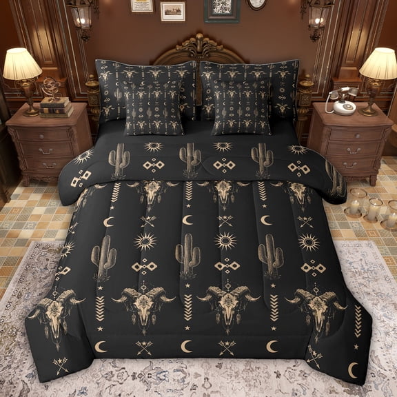 jejeloiu Rustic Bull Skull 7-Piece Twin Bedding Sets,Western Boho Tribal Bedding Comforter Set For Boys Kids Reversible