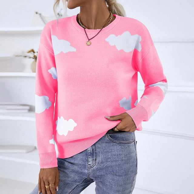 REDHOTYPE Femmes Col Rond Tricoté Pull à Manches Longues Décontracté Nuage Print Tops