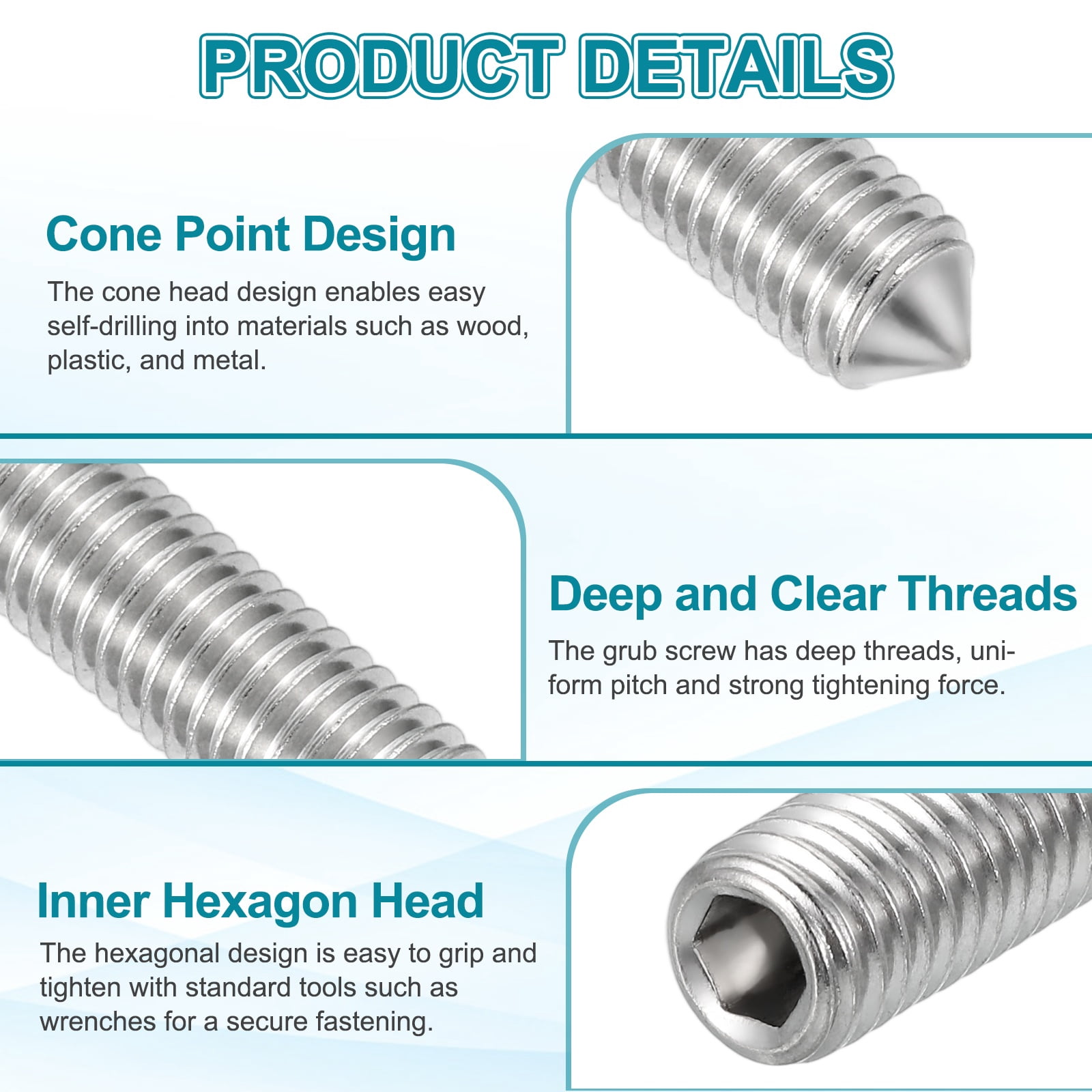 15 Pcs M10x40mm Set Screws, 304 Stainless Steel Cone Point Hex Socket Grub Screw
