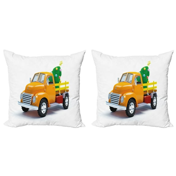 Ambesonne Christmas Throw Pillow Cover 2 Pack, Yellow Vintage Truck, 20", White Yellow Green